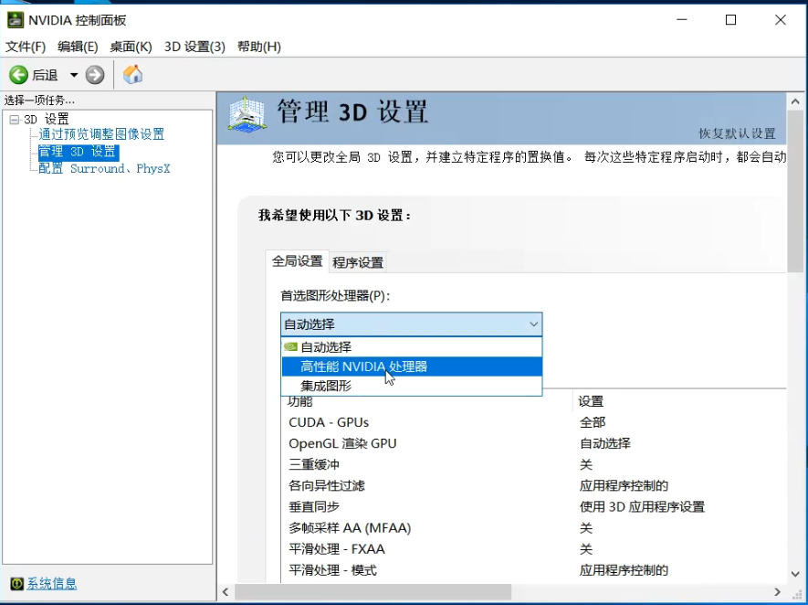 设置选择高性能NVIDIA处理器