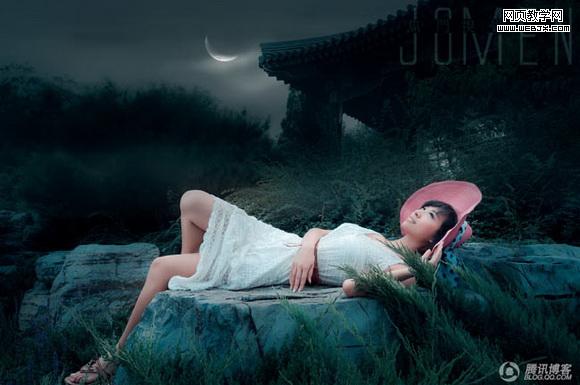 Photoshop把外景美女图片转为暗夜效果