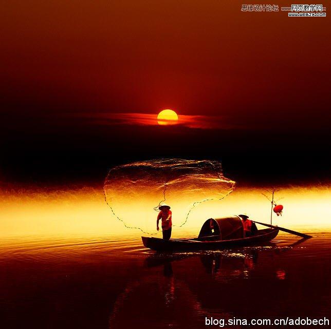 Photoshop打造晨曦中的江上渔船美图场景-webjx.com