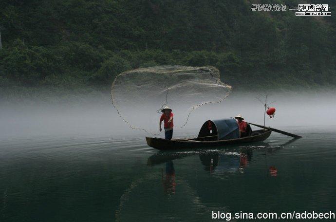 Photoshop打造晨曦中的江上渔船美图场景-webjx.com