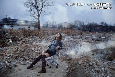 Photoshop调出做在废墟中的女孩战火颓废色彩