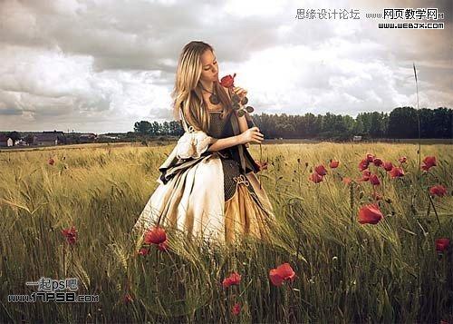 Photoshop合成玫瑰园看花的美女
