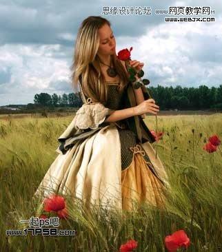 Photoshop合成玫瑰园看花的美女