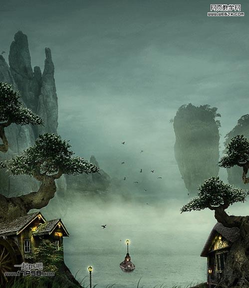 Photoshop合成迷雾江面泛舟的奇幻场景