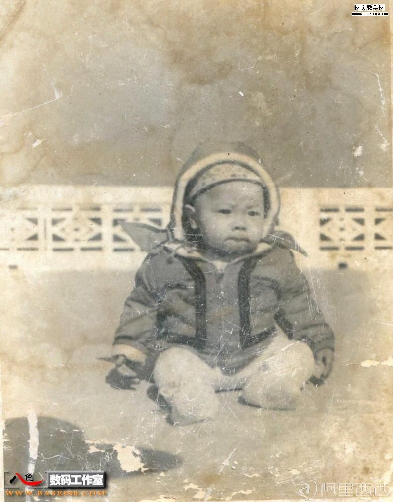 Photoshop修复焦黄色调的儿时的老照片_爱易学习网